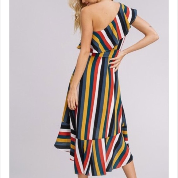 Multi Stripe One Shoulder Ruffle Wrap Dress - Picture 2 of 6